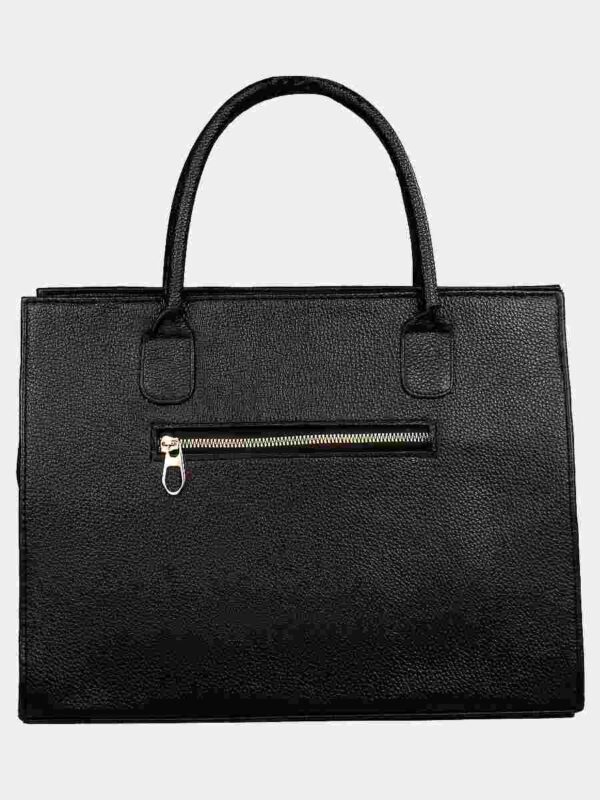 Black Leather Tote Bag With A Front Zipper Pocket
